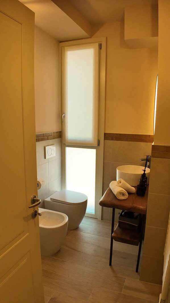 A bathroom with a toilet, bidet, and sink. - Agriturismo Ca' Brusca (Reggio nell'Emilia)