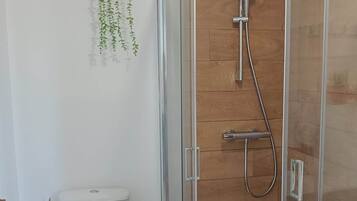 Een moderne badkamer met een glazen douchecabine, toilet en wastafel.