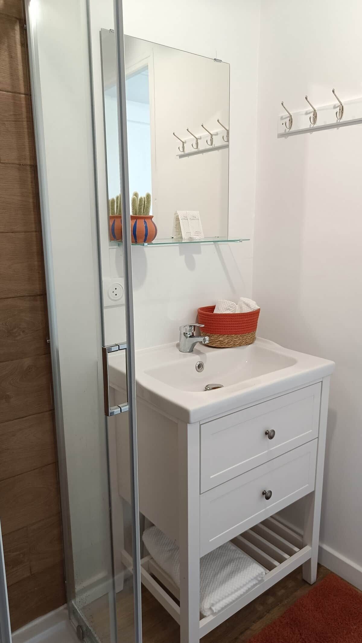 Casa de banho com chuveiro em cabine de vidro, pia branca com cesto vermelho, espelho e suporte para toalhas.