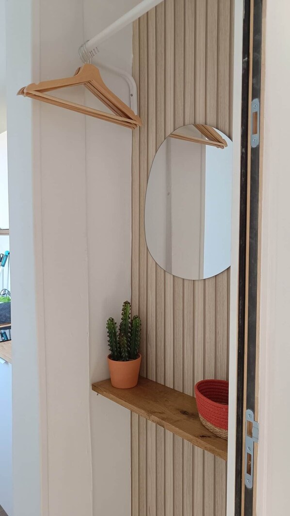 A room with a wooden shelf, a potted plant, a red bowl, and a mirror.