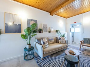 A living room with a sofa, a coffee table, a potted plant, and a patterned rug.
