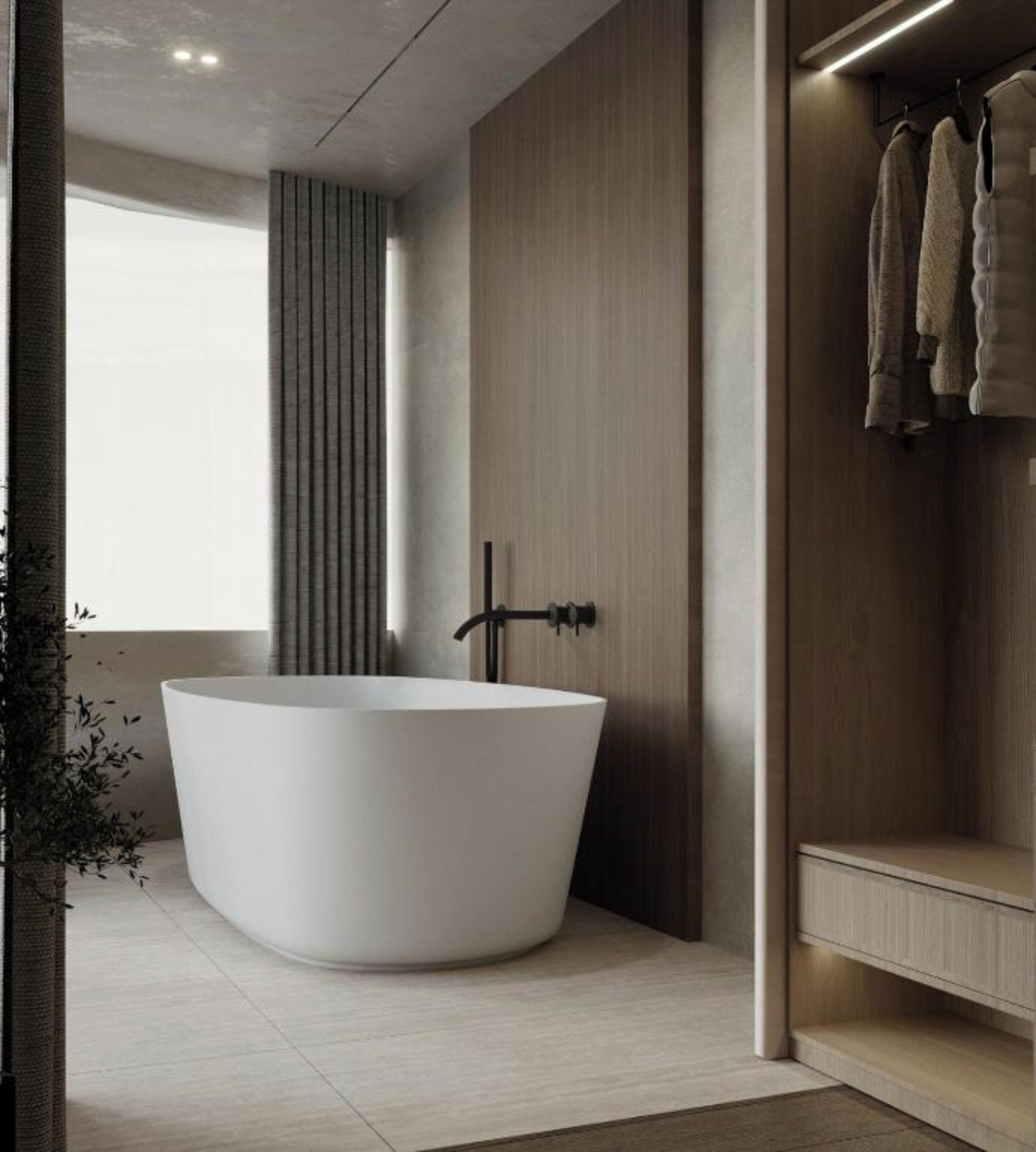 Ein modernes Badezimmer mit freistehender Badewanne, einem Handtuchhalter und einem minimalistischen Design.