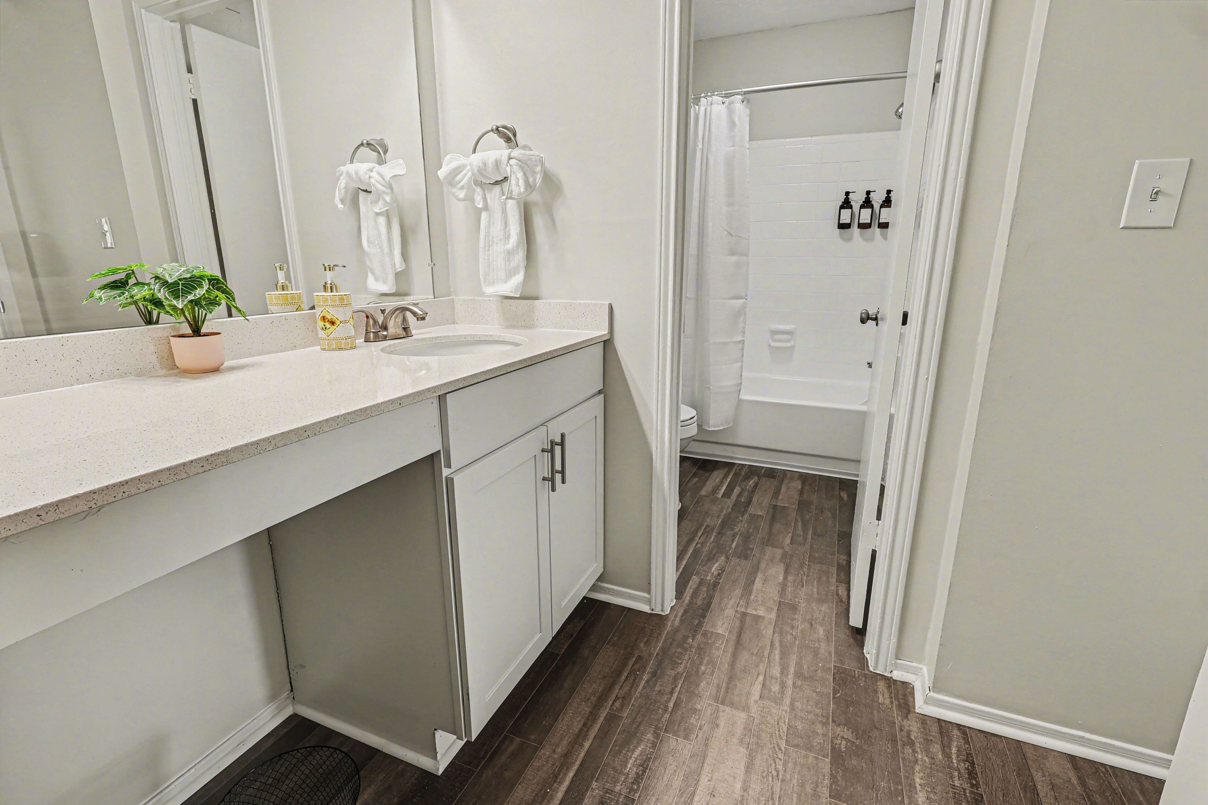 Hair dryer, towels, soap, toilet paper