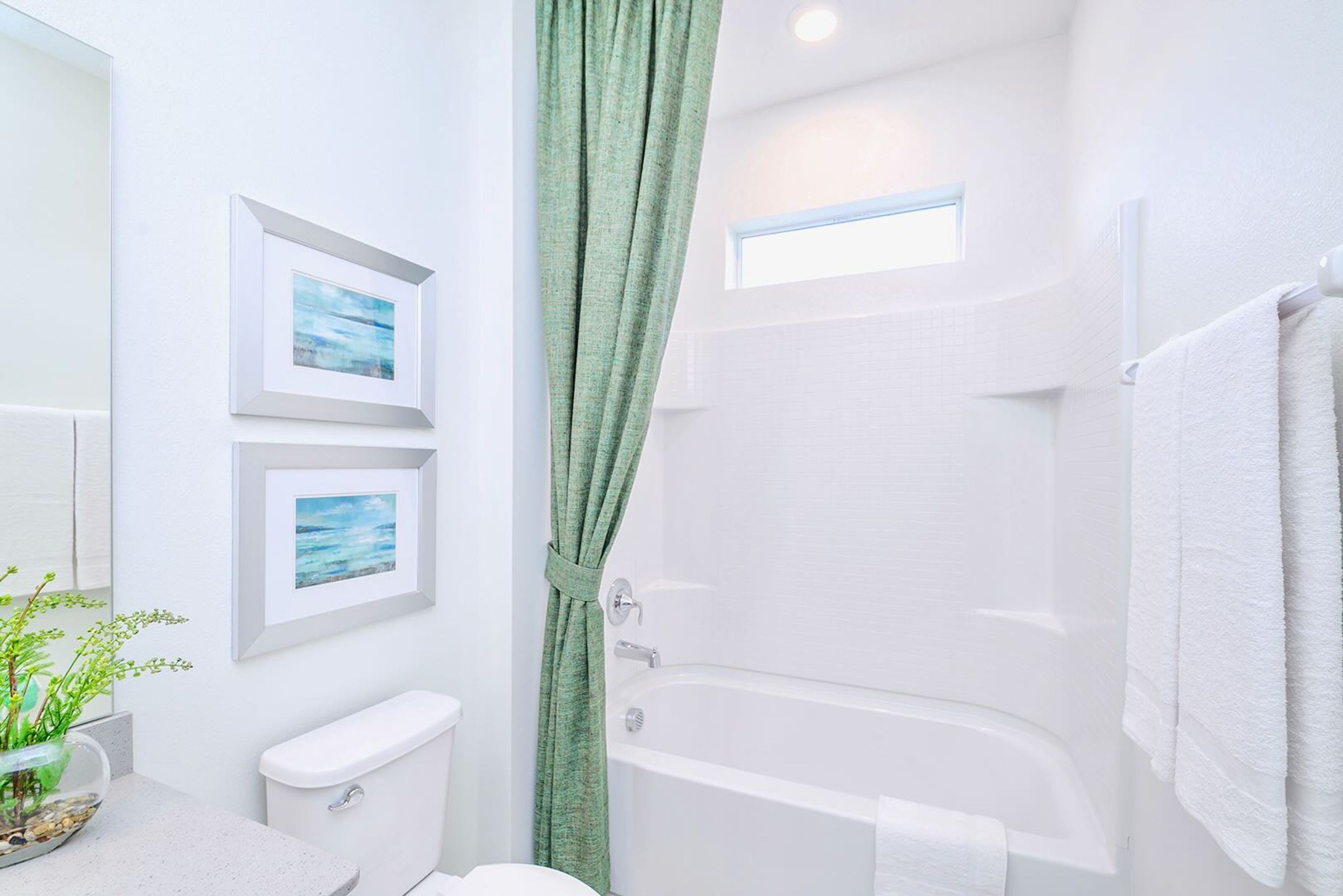 Ein Badezimmer mit Toilette, einer Badewanne und einer Duschvorhang. An der Wand befinden sich zwei gerahmte Bilder.