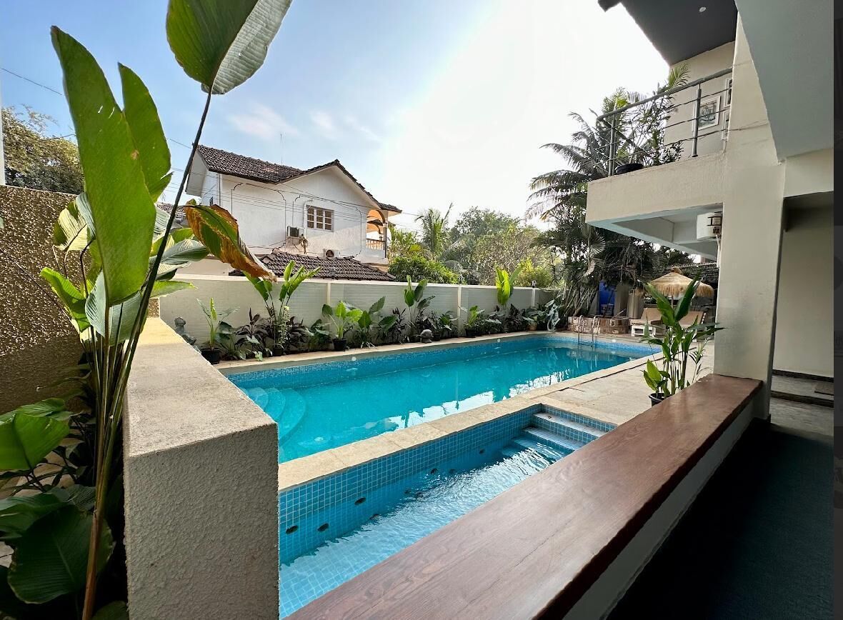 A rectangular swimming pool with a tiled edge, surrounded by plants and a wooden deck.