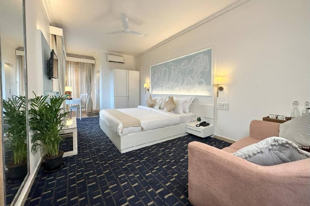 Habitación de hotel con cama, escritorio, silla, espejo grande y planta en maceta.