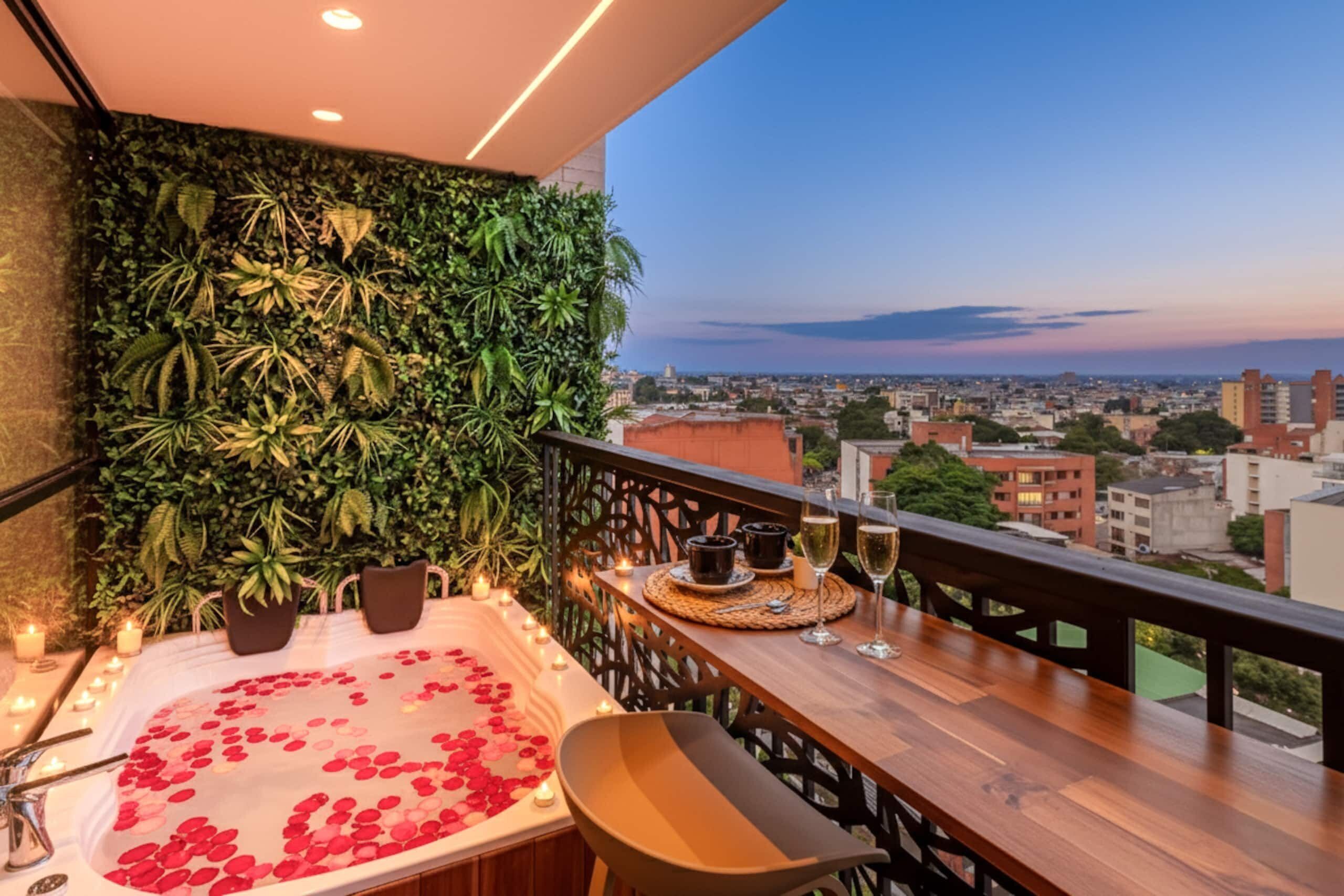 A balcony with a view of a cityscape, a wooden table with a bottle and glasses, and a bathtub with rose petals.