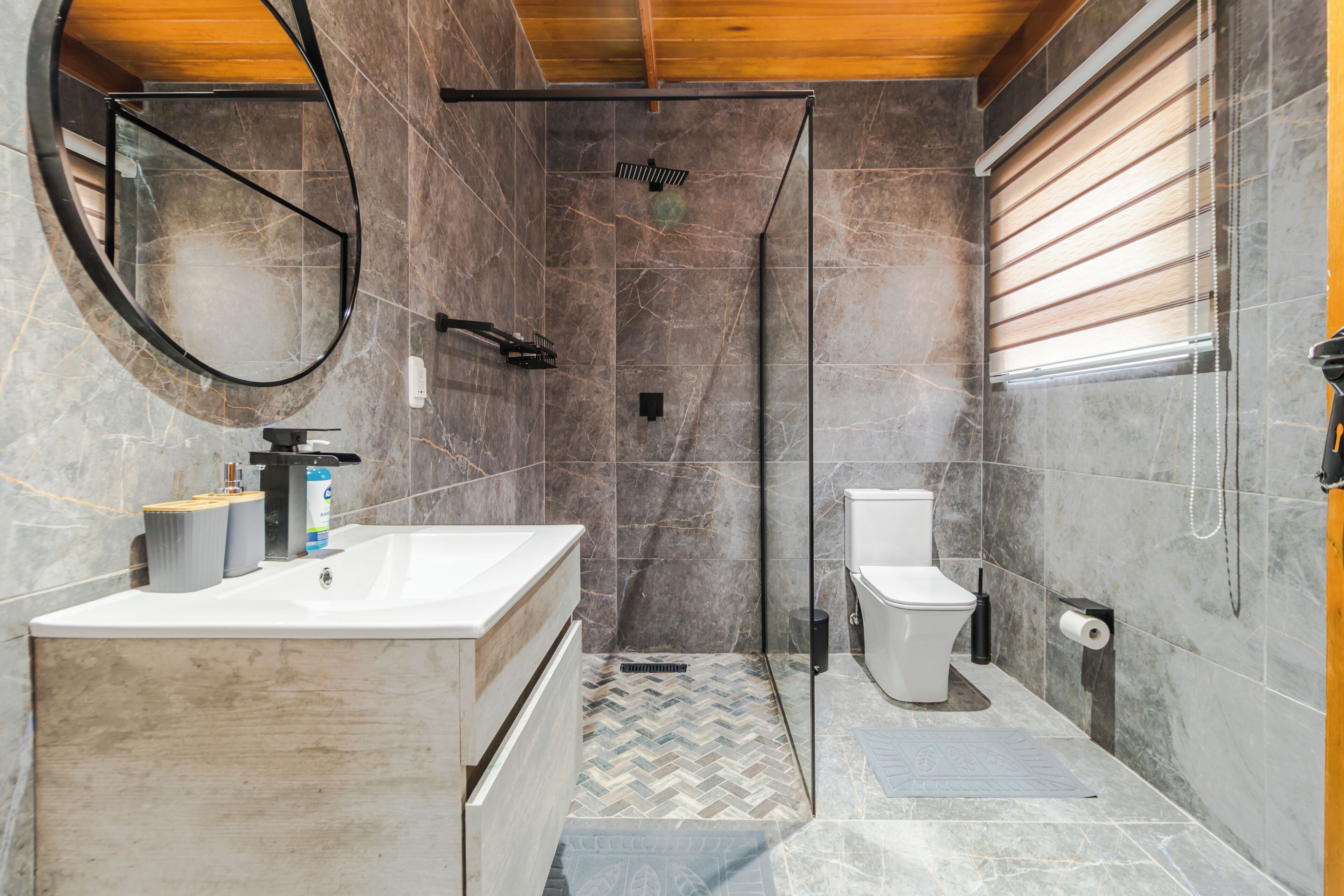 Hair dryer, towels, soap, toilet paper