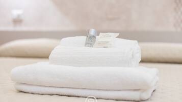 Shower, bidet, towels, shampoo
