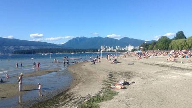 Una spiaggia con persone, cielo sereno e montagne sullo sfondo.
