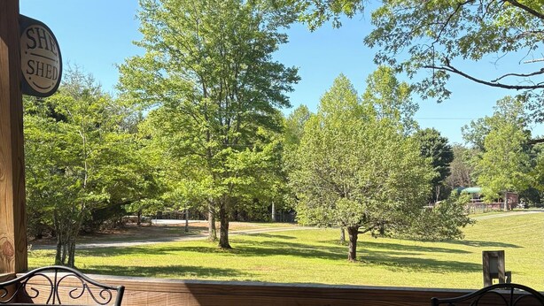 A covered outdoor seating area with wooden tables and chairs, a barrel, and a view of a grassy park with trees.