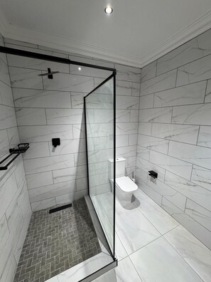A modern bathroom with a glass-enclosed shower, a toilet, and a sink. - Boutique Hotel-Style Room In Ferndale-A1 (Randburg)