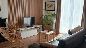 Un salon moderne avec un canapé, un téléviseur, un mur d’accent en bois, une plante en pot et une carte du monde accrochée au mur.