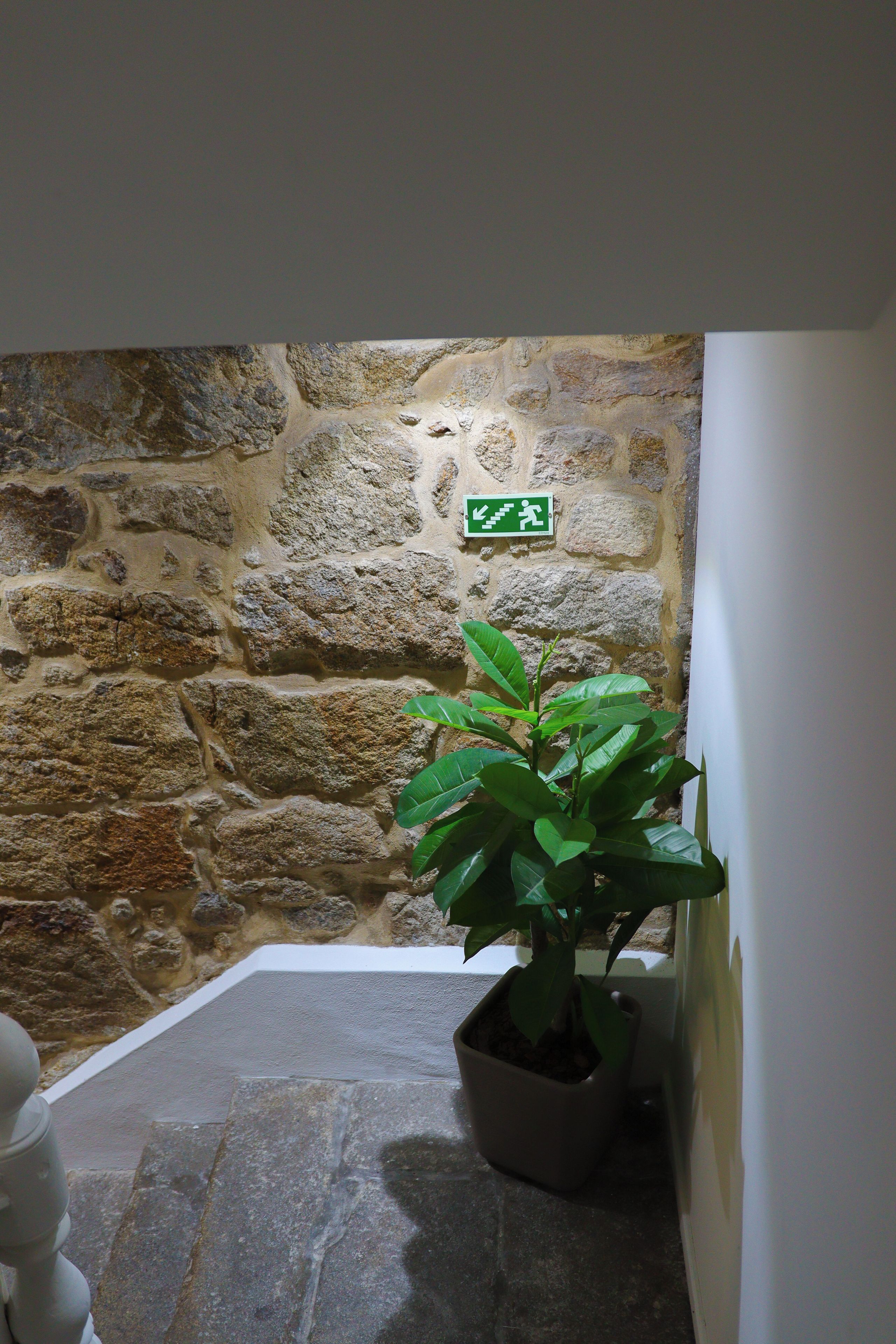 Un mur de pierres avec une enseigne verte indiquant la sortie de secours, une plante en pot et un objet blanc sur le sol.