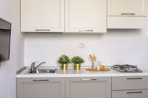 Cucina con mobili bianchi, lavandino in acciaio inossidabile, piano cottura a gas e due piante in vaso sul ripiano.