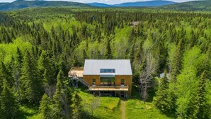 Una cabaña moderna rodeada de un bosque frondoso, con una amplia terraza y techo de metal.