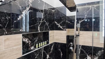 Shower, hair dryer, towels, shampoo