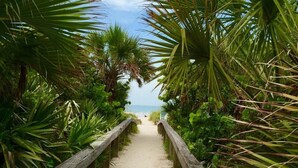 A wooden boardwalk leading to a beach, surrounded by lush greenery. - Resort on Cocoa Beach: a 2 bedrooms Ocean View (Cocoa Beach)