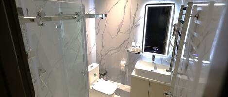 Douche, séchoir à cheveux, pantoufles, papier de toilette