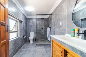 A modern bathroom with a shower, toilet, and sink. - Boutique Hotel-Style Room In Ferndale-D4 (Randburg)