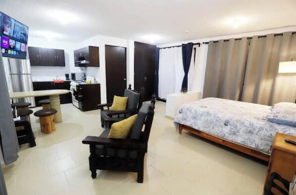 A compact room with a bed, a sofa, a small kitchen area, and a TV.
