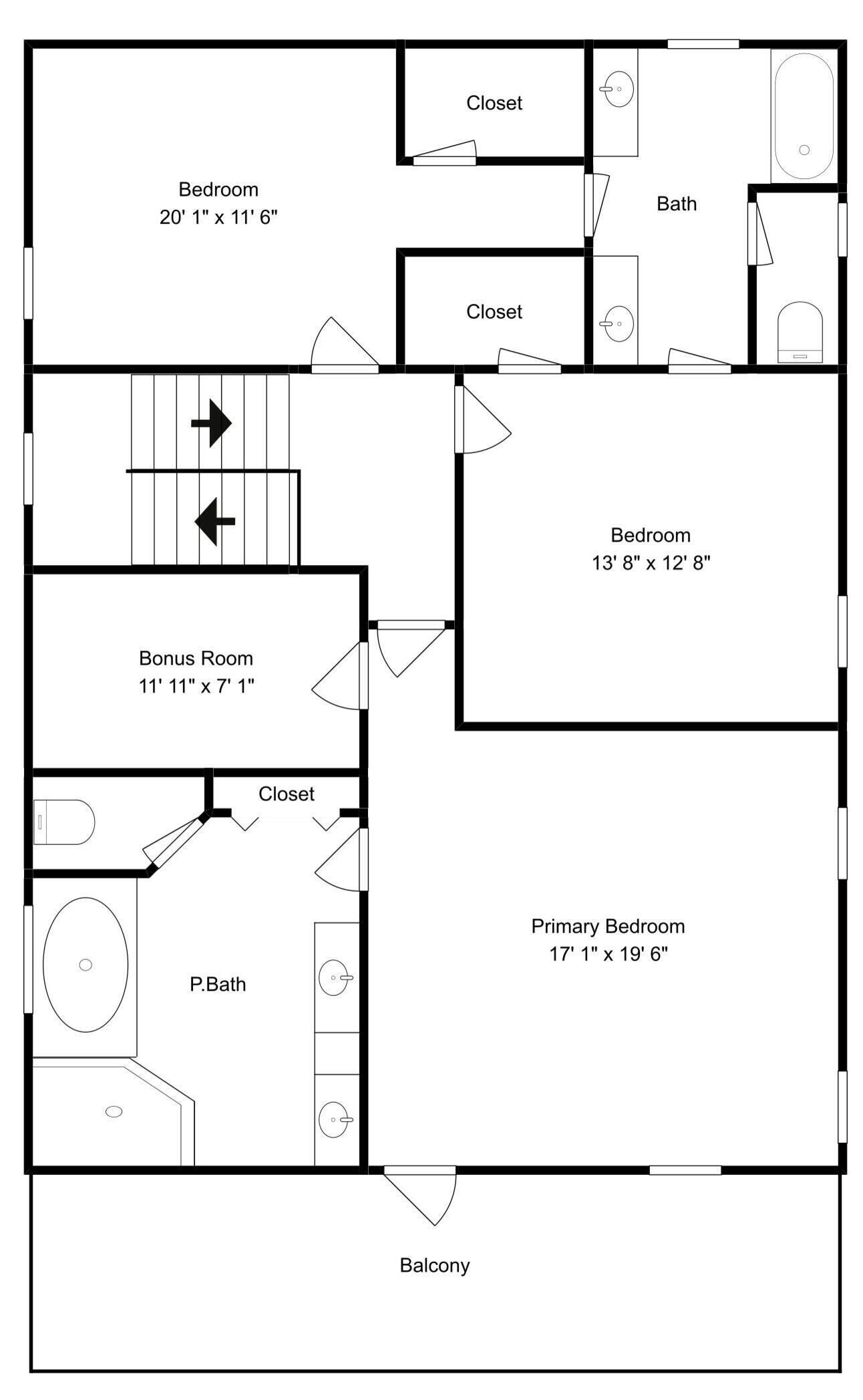 A floor plan with a 20' 1' x 11' 6' bedroom, a 13' 8' x 12' 8' bedroom, a 17' 1' x 19' 6' primary bedroom, a bonus room, a P.Bath, a closet, a bathroom, and a balcony.
