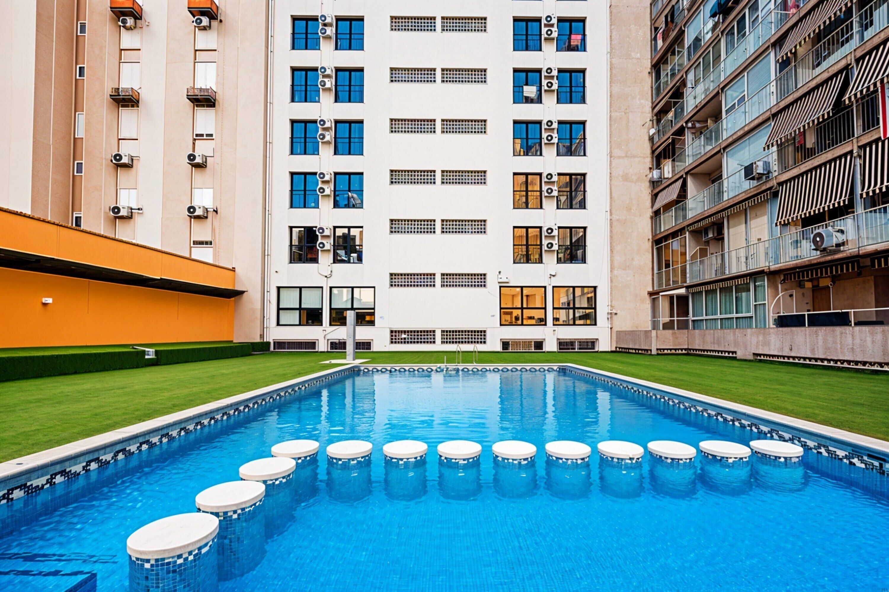 A swimming pool with steps leading into it, surrounded by buildings with balconies and air conditioning units.
