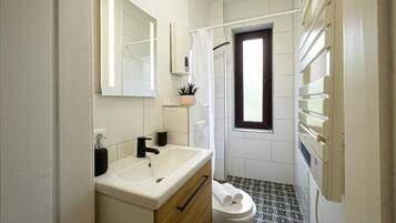 Une petite salle de bain avec un lavabo blanc, un miroir, des toilettes et un rideau de douche.