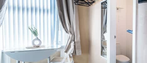 Shower, towels, toilet paper