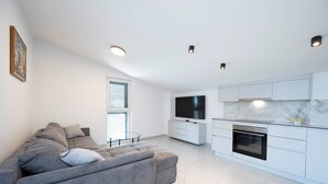 A modern living room with a grey sofa, a flat-screen TV, and a kitchen with white cabinetry and a marble countertop.