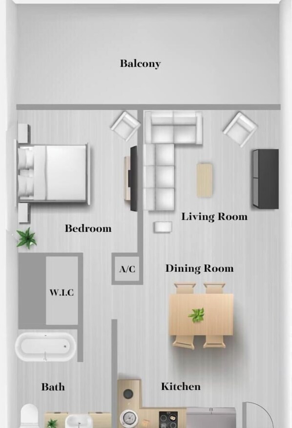 A 2-story apartment layout with a balcony, bedroom, living room, dining room, kitchen, bathroom, and W.C. - 1BR · Intracoastal View · Balcony · Gym & Pool (Hallandale Beach)