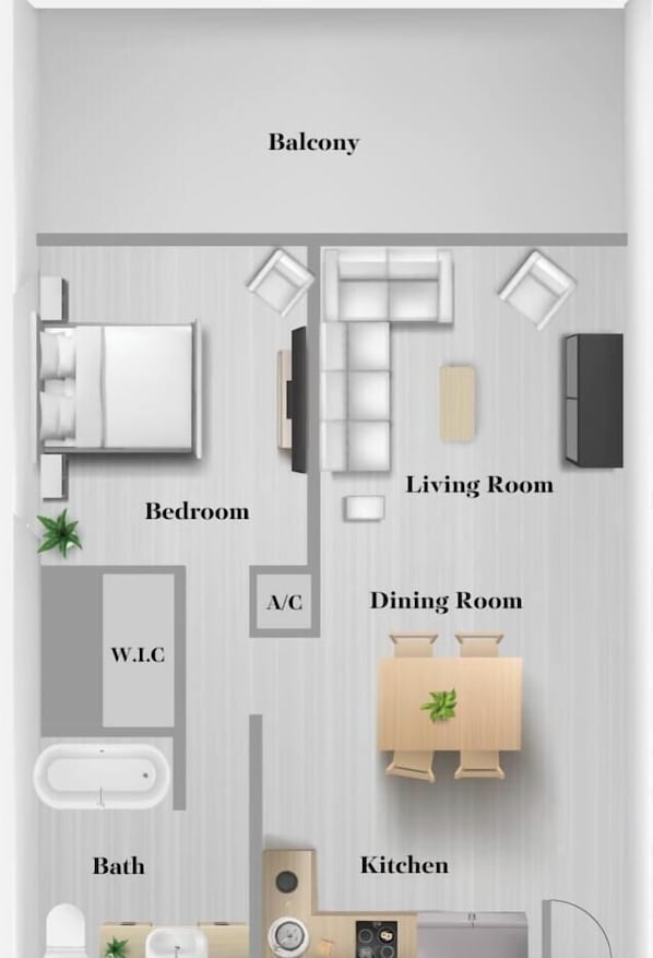 A floor plan of a hotel room with a balcony, bedroom, living room, dining room, kitchen, bathroom, and W.C. - Sunset View Apt | Pool, Gym & Beach Shuttle (Hallandale Beach)