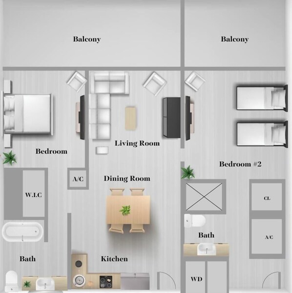 A hotel layout with two bedrooms, a living room, dining room, kitchen, two bathrooms, and a balcony. - Breathtaking Bay View · 2BR · Beachwalk (Hallandale Beach)
