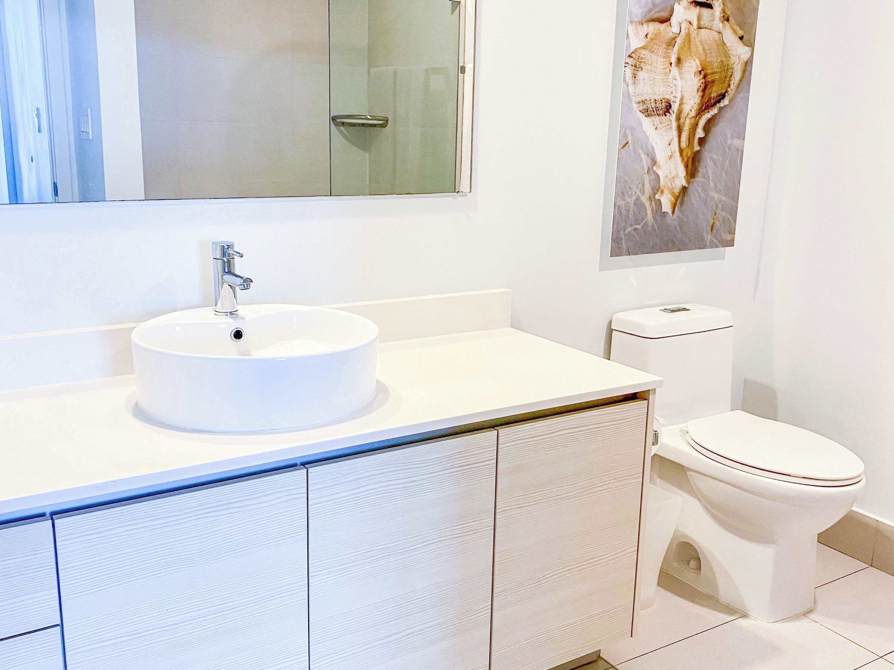 A bathroom with a white sink, a toilet, and a mirror above the sink.