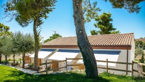 A house with a tiled roof, a fenced yard, and trees.