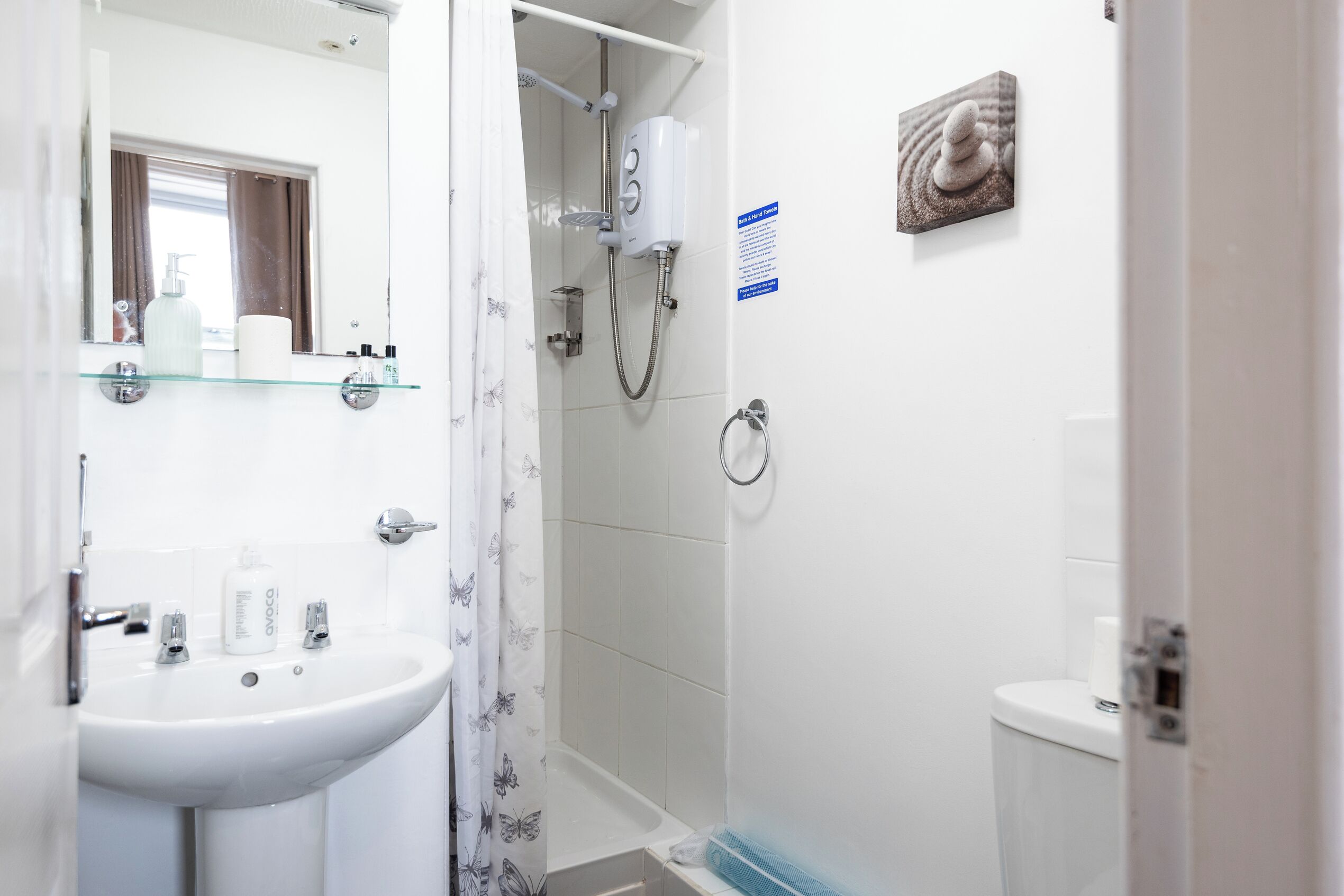 Shower, towels, toilet paper