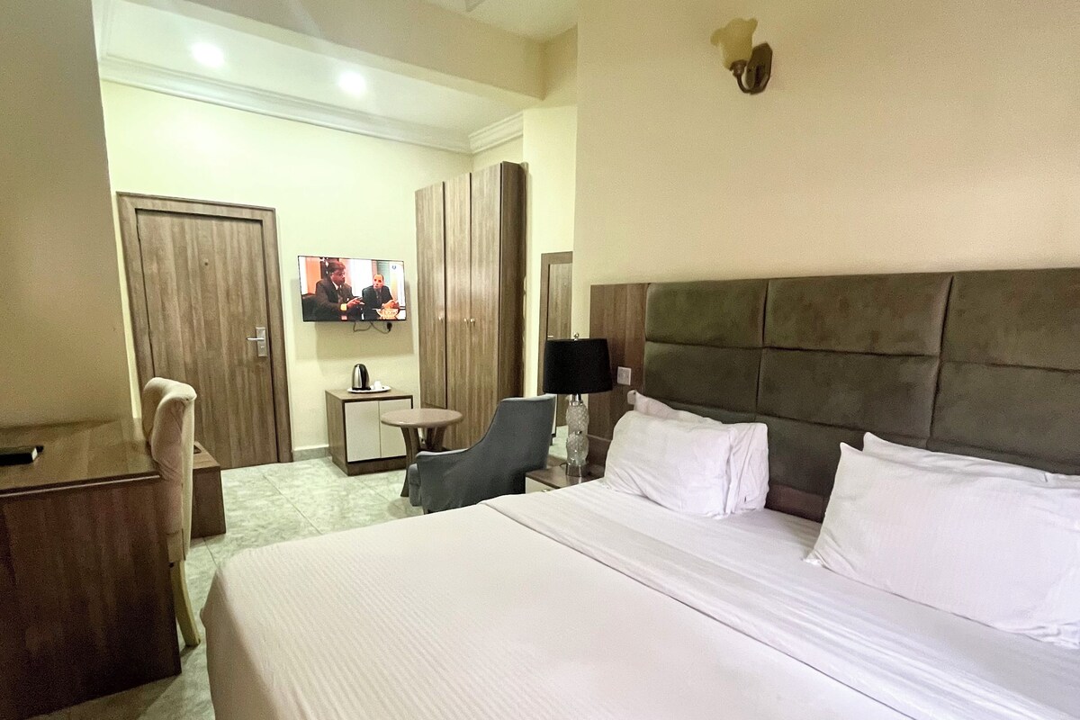 A hotel room with a large bed, a desk, a chair, a television, and a wardrobe.