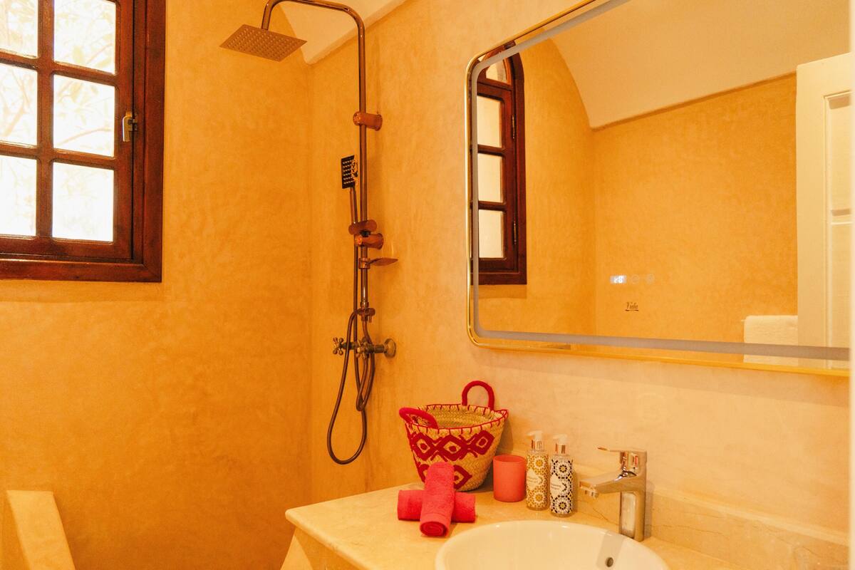 A bathroom with a shower, a sink, a mirror, and a window.