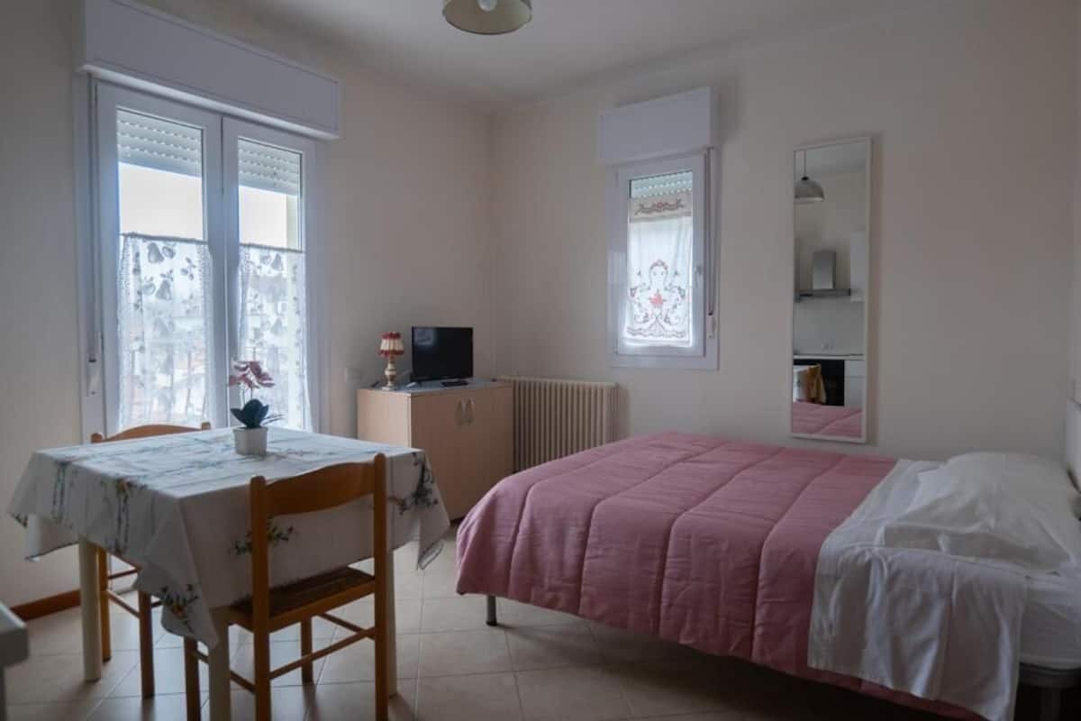 Une chambre à coucher comprenant un lit, un bureau avec une chaise, un radiateur, une télévision et une fenêtre avec des rideaux.