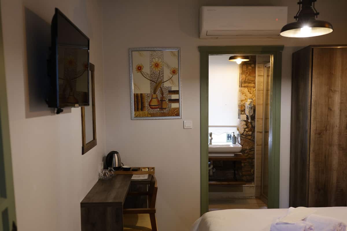 Un dormitorio con una cama, un escritorio, una silla, un cuadro y un equipo de aire acondicionado.