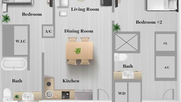 Pianta di un albergo con due camere da letto, un soggiorno, sala da pranzo, cucina, due bagni e un balcone.