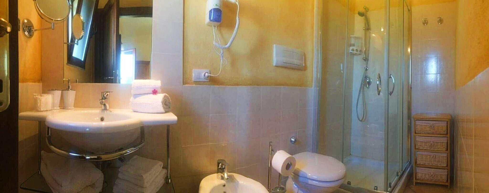 Shower, hair dryer, towels