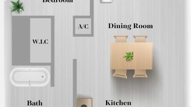 En planritning över ett hotellrum med balkong, sovrum, vardagsrum, matsal, kök, badrum och toalett.