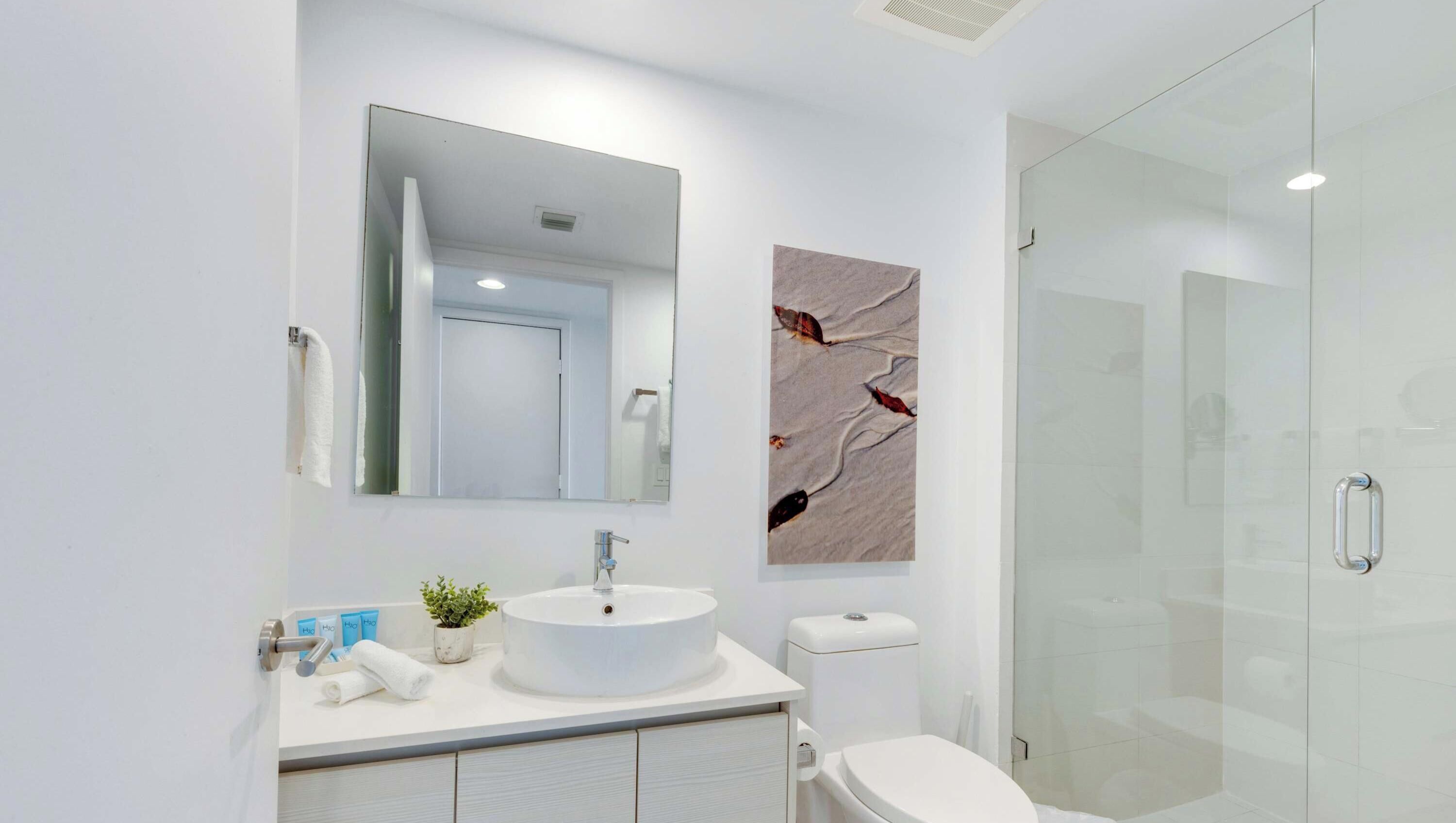 A modern bathroom with a white sink, mirror, and toilet. There is a glass shower enclosure and a wall-mounted artwork.