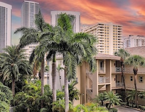 A multi-story building with balconies, surrounded by palm trees. - Hallandale Studio | Sunset Pool (Hallandale Beach)