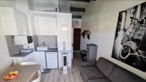 A compact living space with a kitchenette, dining area, and a gray sofa. - 2 rooms, with balcony overlooking the port (Leucate)