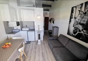 Ein kompakter Wohnbereich mit Küchenzeile, Essbereich und einem grauen Sofa.