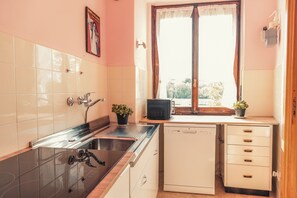 Eine Küche mit Spüle, Geschirrspüler, Schränken und einem Fenster mit Vorhängen.