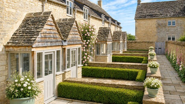 A stone building with multiple windows, a garden with neatly trimmed hedges, and a pathway lined with flower pots.