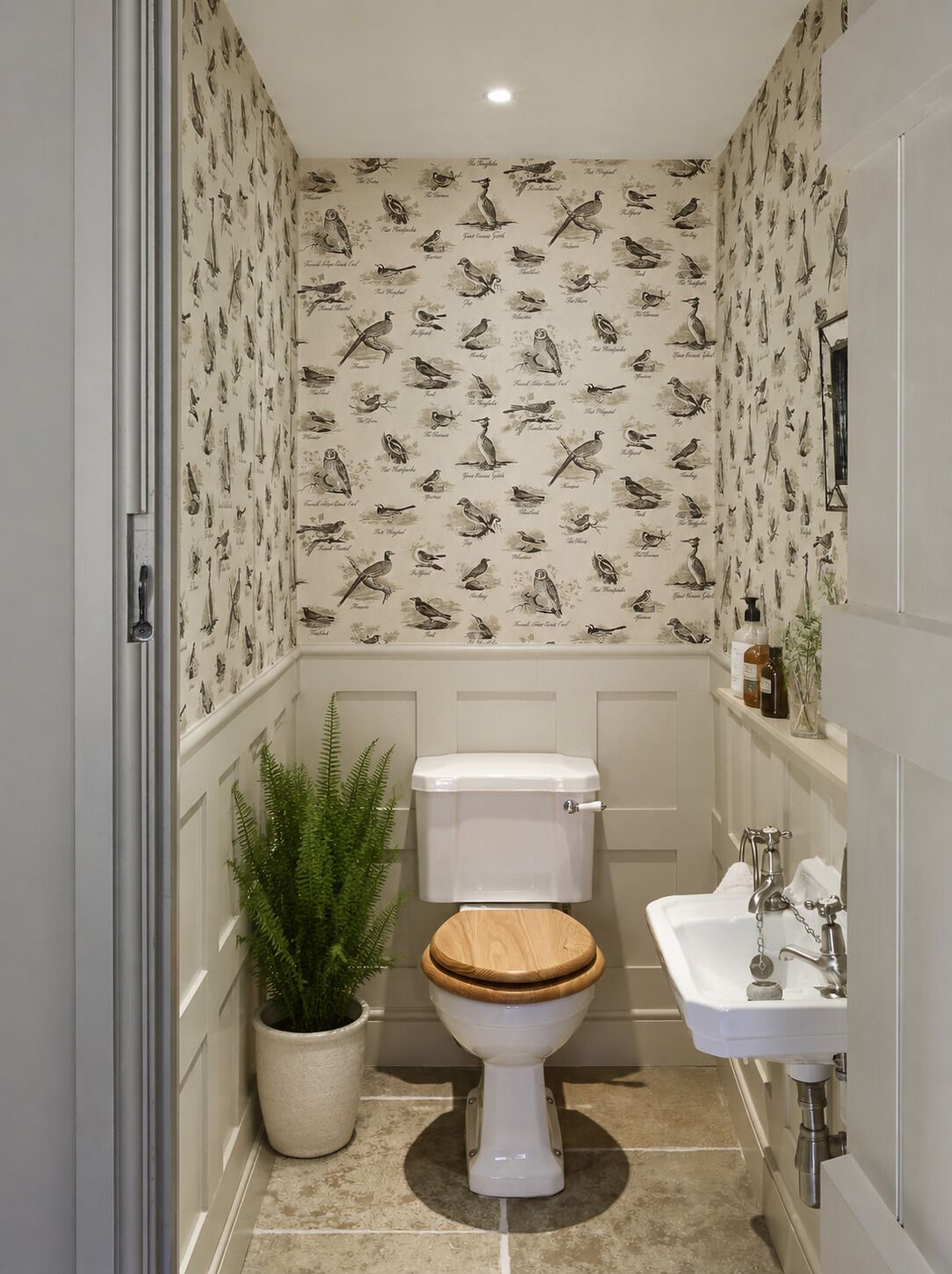 Une petite salle de bain avec des toilettes, un lavabo et une plante en pot.